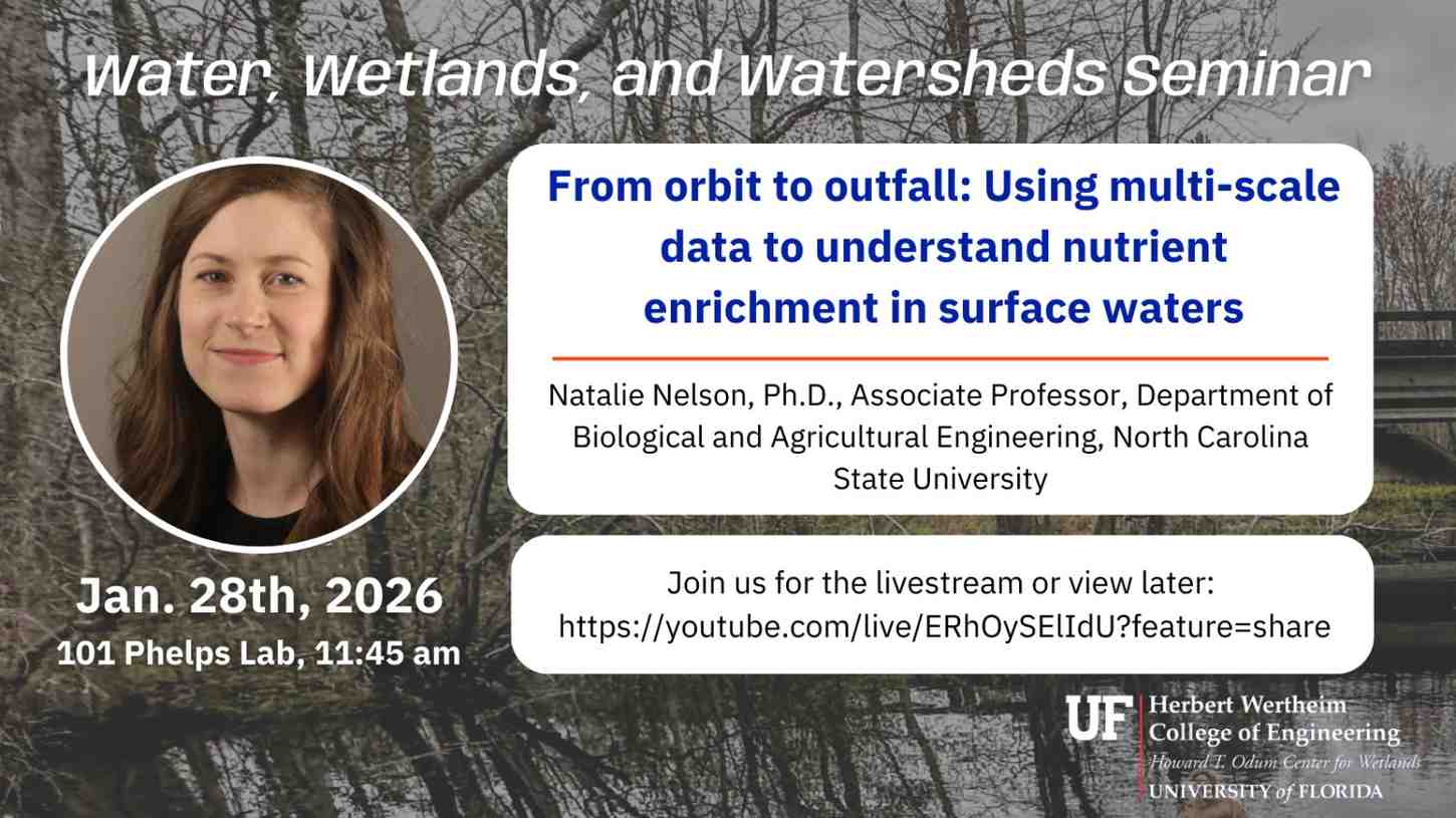 Promotional image for the Water, Wetlands, and Watersheds Seminar at the University of Florida featuring speaker Natalie Nelson, Ph.D., Associate Professor at North Carolina State University. Details of the event on January 28th, 2026, including time and location, are listed, with a YouTube link for live streaming.