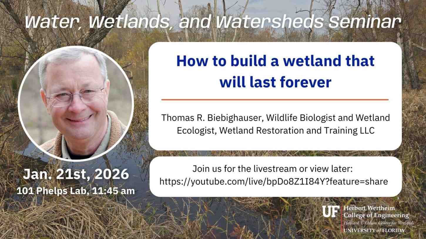 Promotional graphic for a seminar titled 'Water, Wetlands, and Watersheds' featuring Thomas R. Biebighauser, scheduled on January 21st, 2026, at the University of Florida. The seminar is about building a wetland that will last forever, with a brief description of Thomas R. Biebighauser's qualifications and a link to a YouTube live stream.